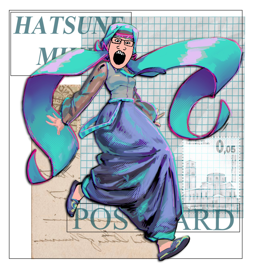 hatsune miku, markiplier soyjak, female markiplier, blue hair, bosnia and herzegovina, dress, glasses, hair, hijab, islam