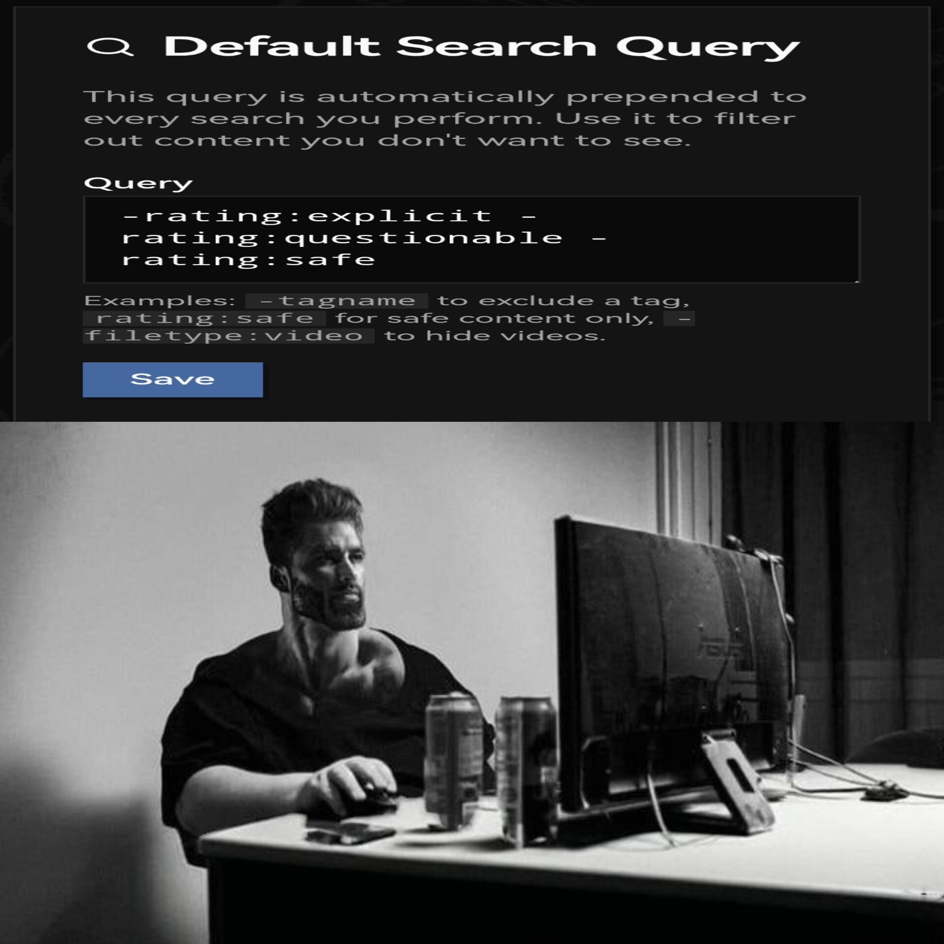 gigachad, beard, black eyes, black hair, buff, closed mouth, computer, energy drink, gray background, gray skin