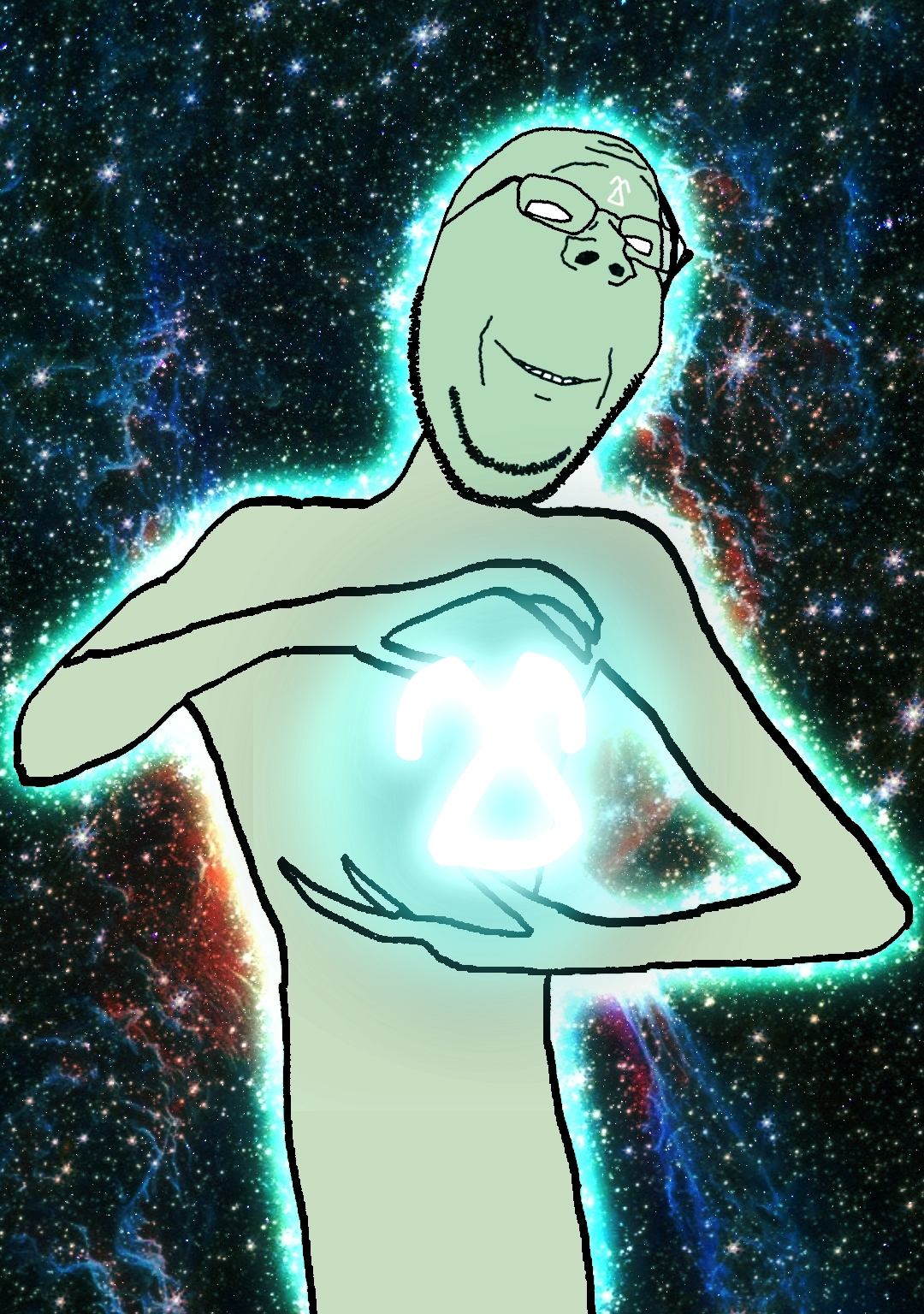 admin thrembo, gapejak, wholesome soyjak, 1soyjak, bald, closed mouth, cosmic, cosmos, eyebrows, front view