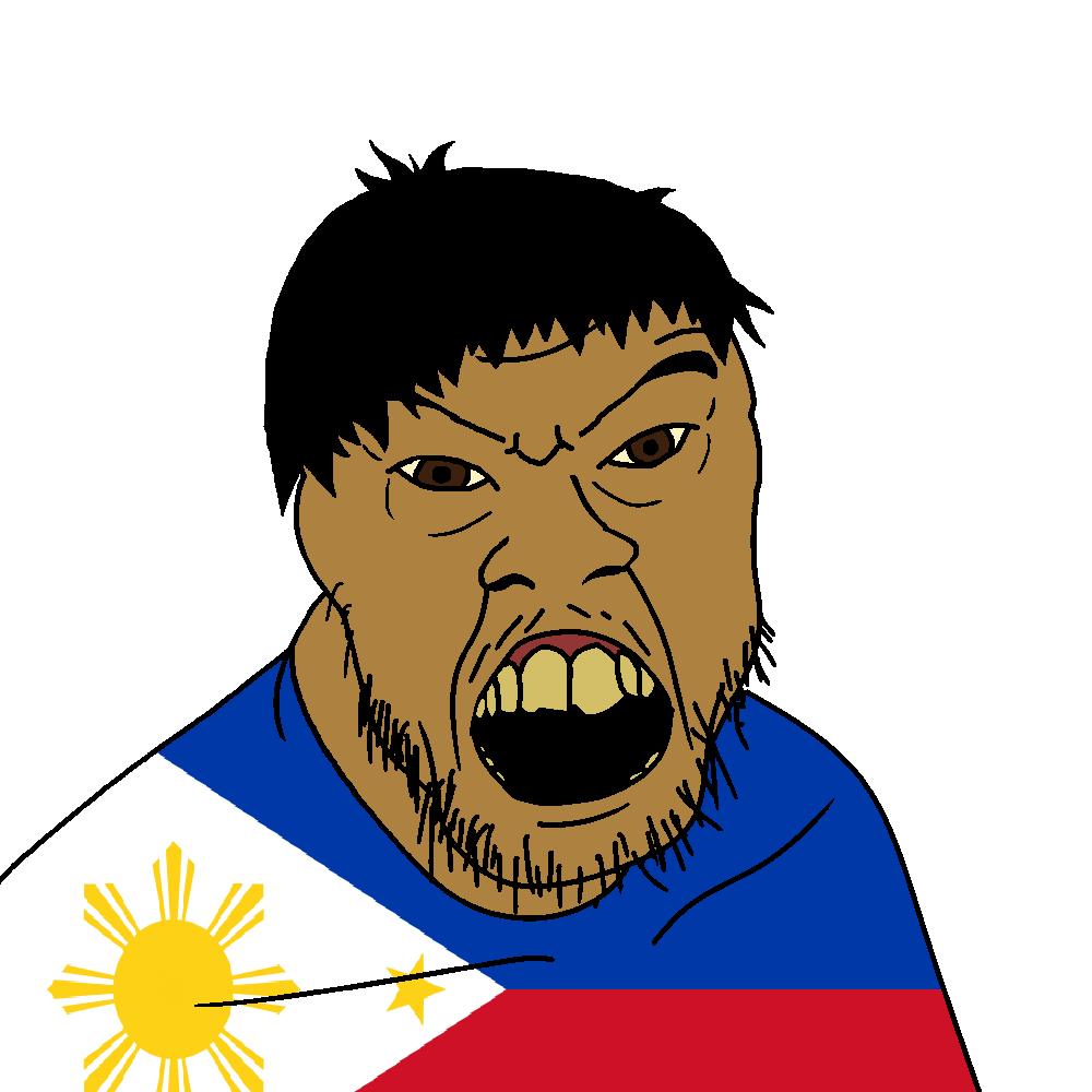 feraljak, feralgook, angry, asian, black hair, brown skin, bushy eyebrows, filipino, flag, forehead lines
