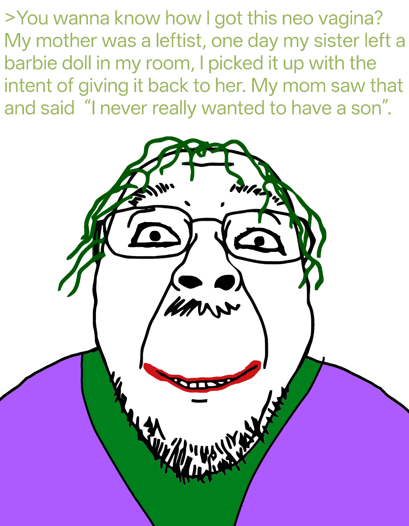 joker (dc), bernd, 1soyjak, closed mouth, clown, front view, glasses, green hair, greentext, hair