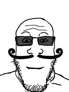 markiplier soyjak, neutralplier, 1soyjak, bald, black eyes, closed mouth, curly mustache, front view, glasses, looking at you
