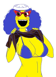 marge simpson, soyniqua, soytan, 1soyjak, afro, beanie, blue hair, bra, breasts, clothes
