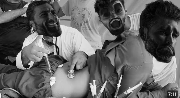 gigachad, 3 gigas, autism, autism t-shirt, beard, black eyes, black hair, butt, closed mouth, doctor