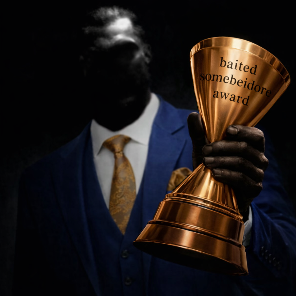 gigachad, nophono, award, baited everybeidore award, baited nobeıdore award, baited somebeidore award, blue jacket, bronze, clothes, faceless