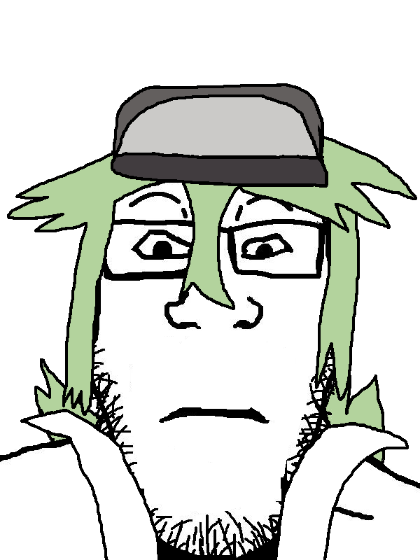 markiplier soyjak, neutralplier, 1soyjak, closed mouth, clothes, front view, glasses, green hair, hair, hat