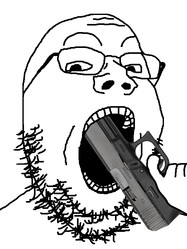 gapejak, 1soyjak, bald, glasses, glock 17, gun, hand, holding object, holding pistol, imminent suicide
