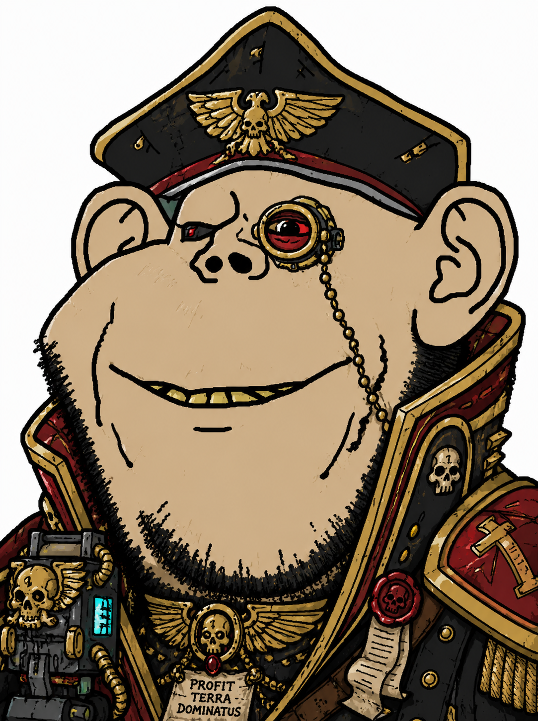 impish soyak ears, 1soyjak, armor, bone, bones, looking at you, military, monocle, no glasses, open eyes