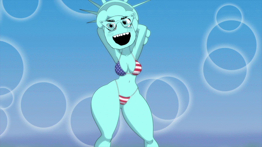 soytan, 1soyjak, animated, bikini, blue background, breasts, dance, female, front view, glasses