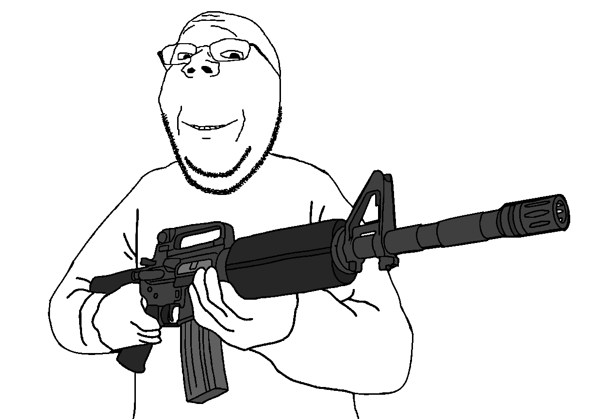 gapejak, wholesome soyjak, 1soyjak, ar-15, assault rifle, bald, black eyes, closed mouth, glasses, gun