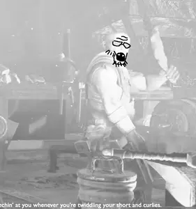brok eating his beast of burden soyjak, bald, gem, glasses, holding object, nuvariant, open mouth, stubble, uncolored skin, video game