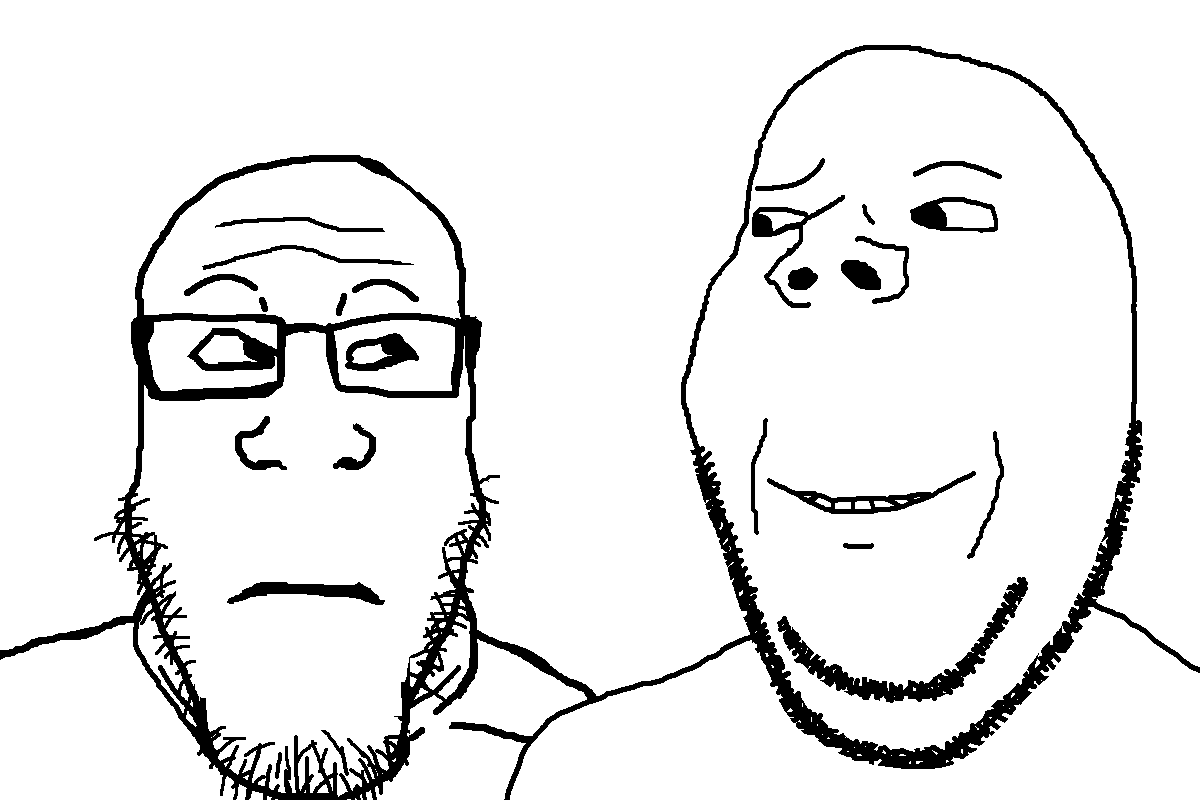 gapejak, markiplier soyjak, neutralplier, wholesome soyjak, are you soying what im soying, 2soyjaks, closed mouth, glasses, looking at each other, monochrome