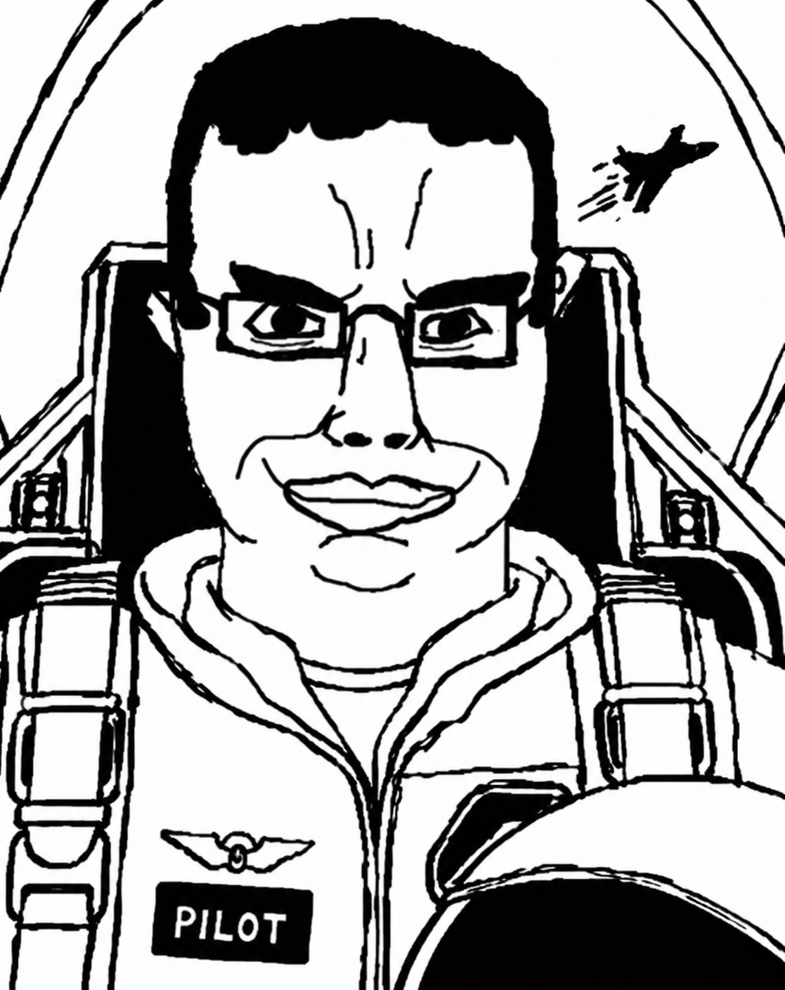 chudjak, chudjak front, 1soyjak, airplane, black eyes, black hair, closed mouth, clothes, cockpit, drawn background