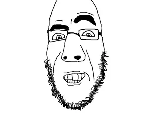 cobson, closed mouth, eyebrows, eyes, glasses, grin, looking down, nose, redraw, soyjak