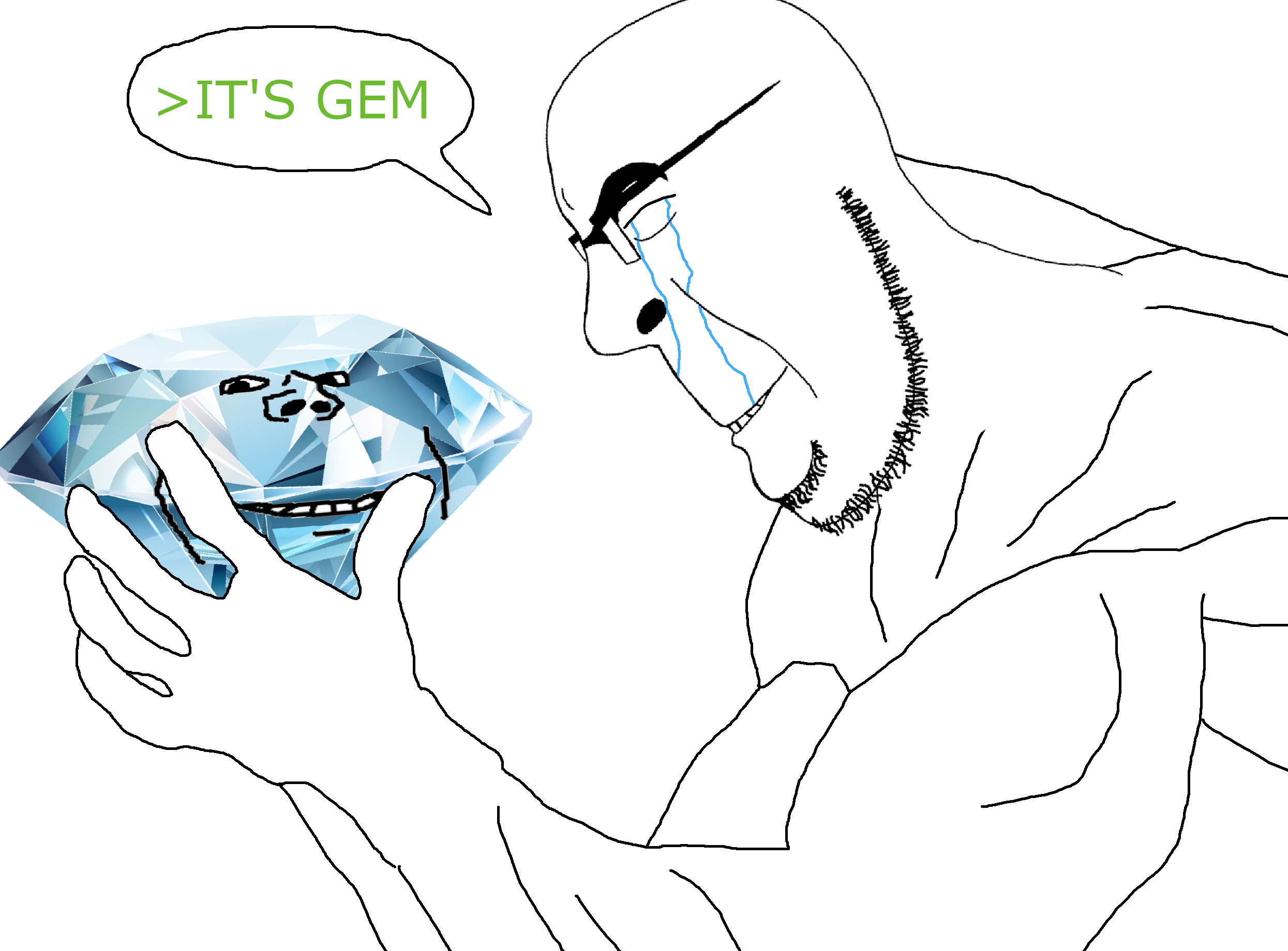 cobson, impish soyak ears, 2soyjaks, bald, beard, buff, closed eyes, crying, gem, glasses