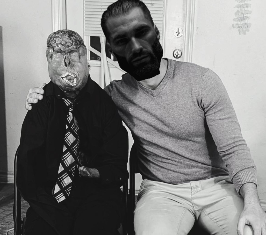 gigachad, beard, black eyes, brutal, buff, chad, chairs, closed mouth, dnr, dwbi