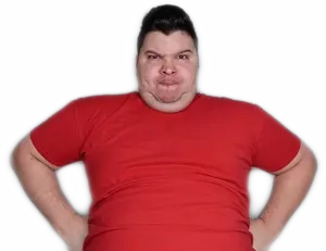 nikocado avocado, angry, black hair, extremely obese, fat, front view, hair, half body, hands on hips, looking at you
