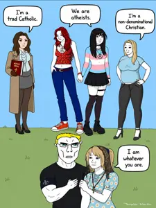 female wojak, tradwife wojak, wojak, chudjak, chudjak front, muscular chud, aryan, a10 eyes, armband, atheism