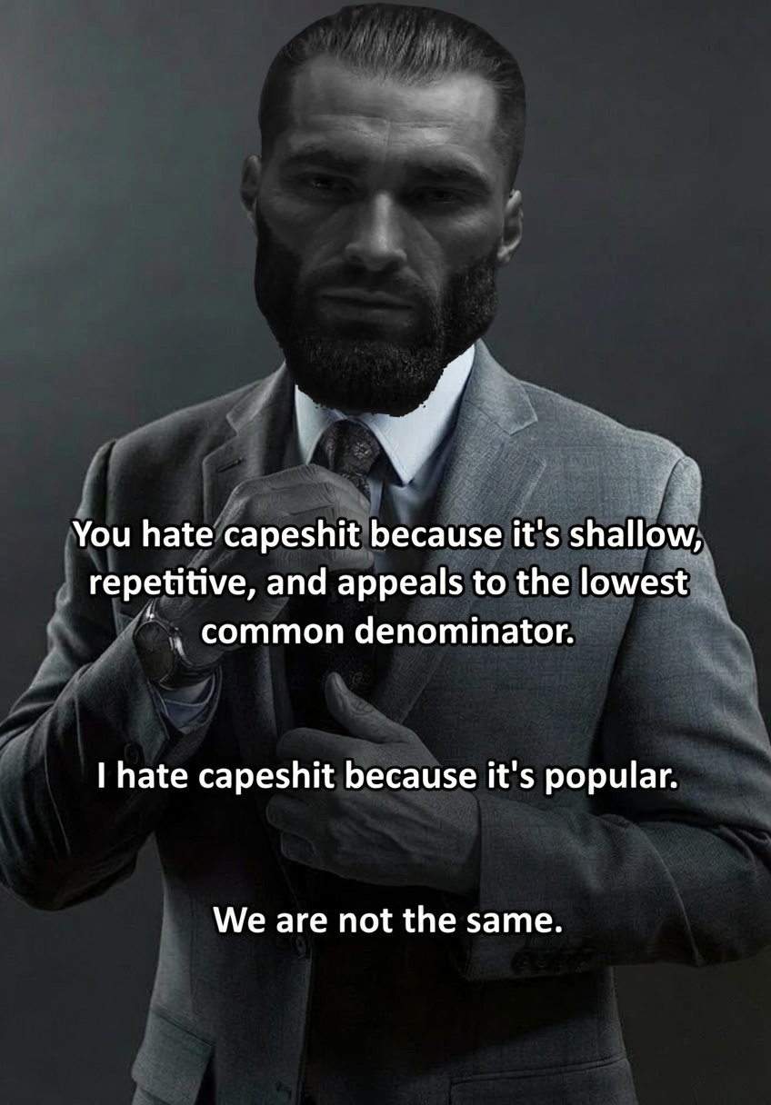gigachad, beard, black eyes, black hair, buff, capeshit, capeslop, caption, closed mouth, dc comics