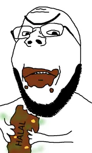 gapejak, wholesome soyjak, angry, arm, coprophagia, eating, food, glasses, halal, hands