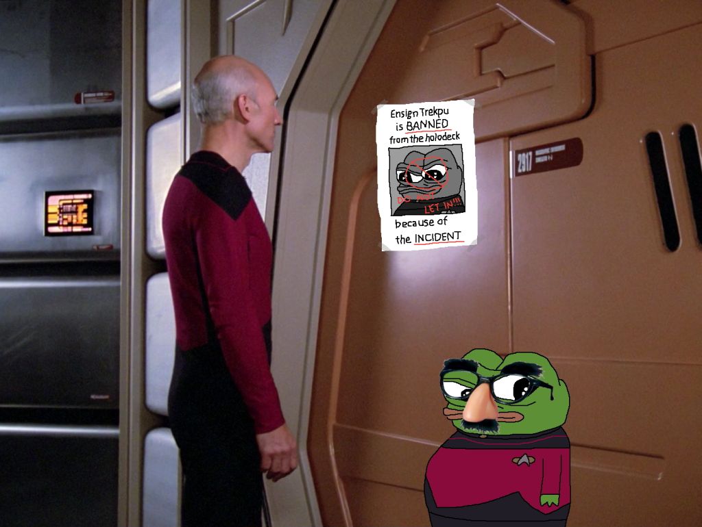 pepe, bald, black eyes, closed mouth, frogs, front view, glasses, green skin, half body, holodeck