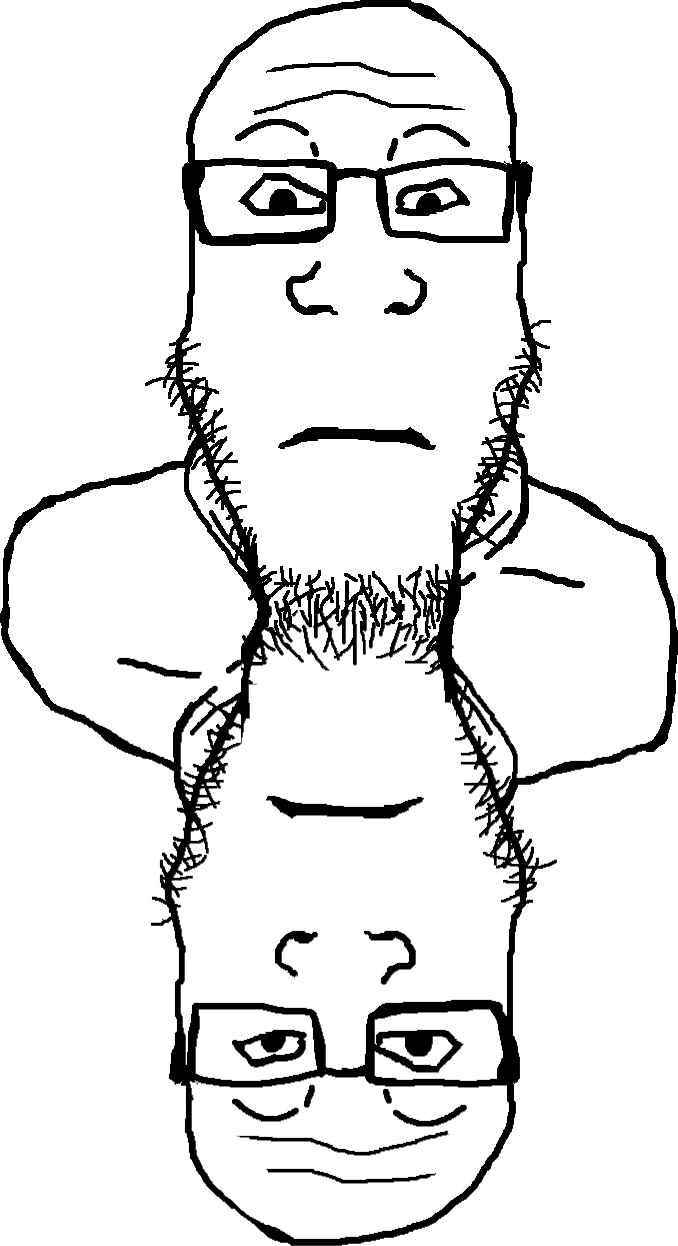 markiplier soyjak, neutralplier, 2soyjaks, bald, closed mouth, conjoined, front view, glasses, looking at you, monochrome