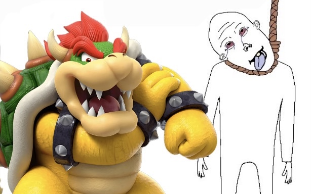 bowser, vlodson, vlod ack, characters killing vlodson, 1soyjak, ack, almost full body, animal, bald, bloodshot eyes
