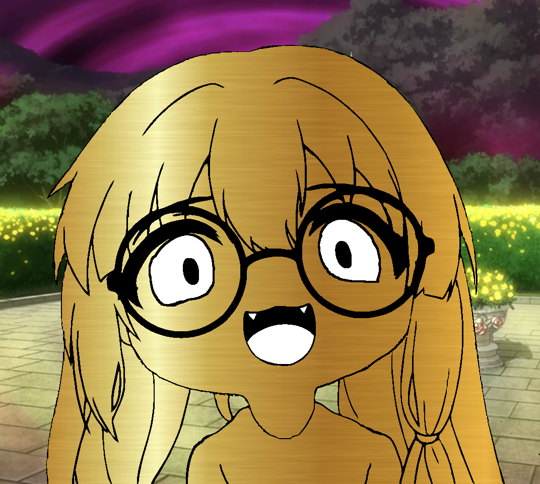 smuglet, 1soyjak, anime, black eyes, blonde hair, drawn background, front view, glasses, gold, gold skin