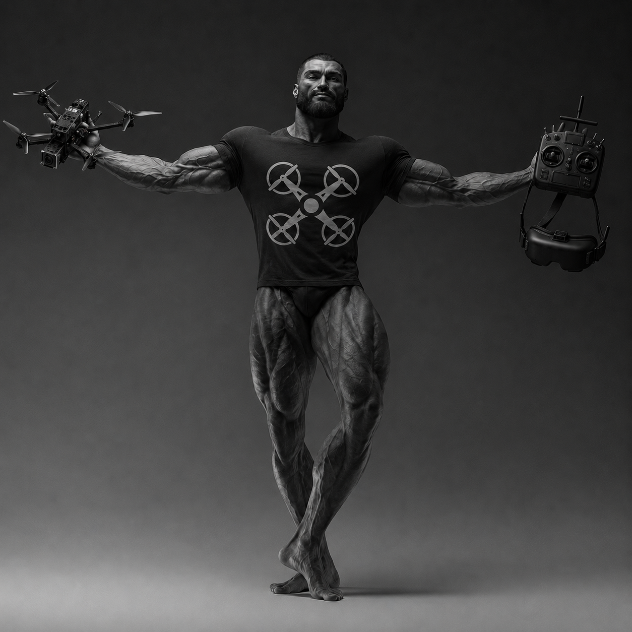 gigachad, beard, black hair, buff, closed mouth, clothes, controller, drone, drone operator, front view