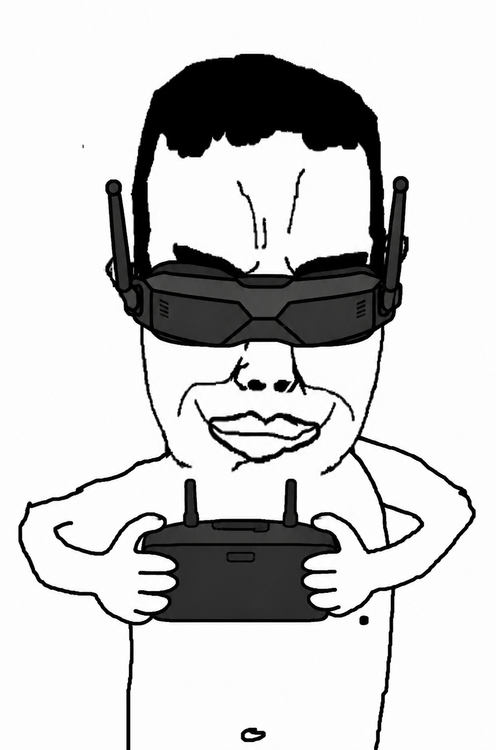 chudjak, chudjak front, 1soyjak, black hair, closed mouth, controller, eyebrows, front view, googles, hair
