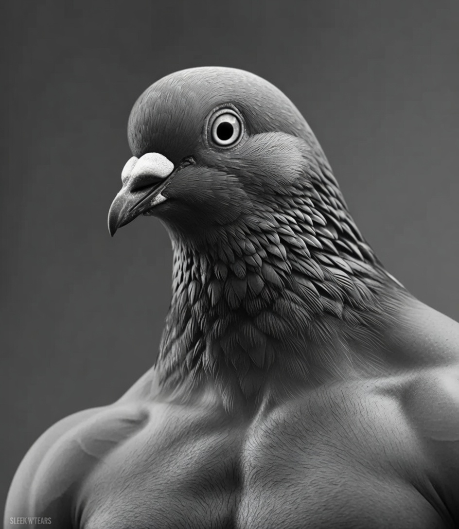 gigachad, giga animals, animal, beak, bird, black and white, black eyes, buff, closed mouth, feather