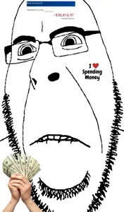 cobson, spendson, beard, closed mouth, glasses, money, stubble, white background