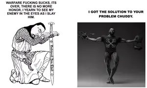 5398 - soybooru.com - arm chudjak closed_eyes closed_mouth clothes full_body glasses hair hands holding_object holding_sword kneel knight leg soyjak swastika sword text weapon.jpg