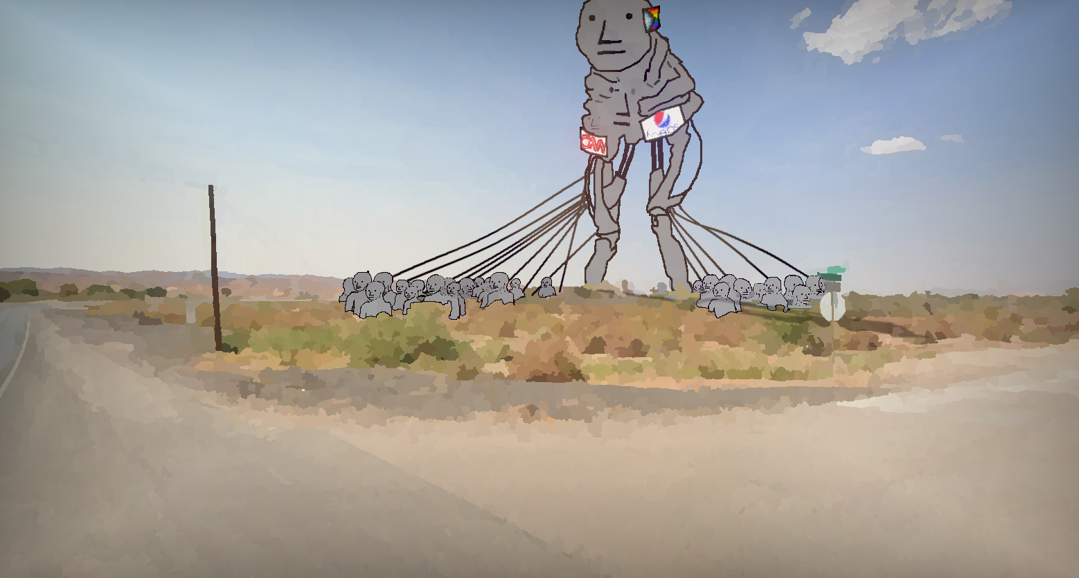 npc wojak, wojak, bald, black eyes, bush, cables, closed mouth, cnn, desert, electric state