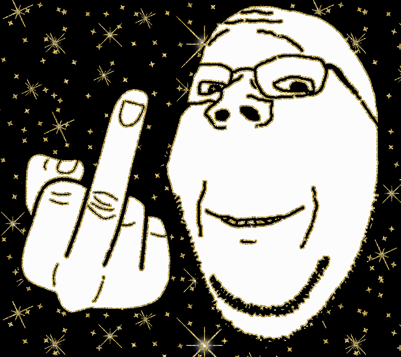 gapejak, wholesome soyjak, 1soyjak, animated, bald, closed mouth, finger, flipping bird, glasses, gold