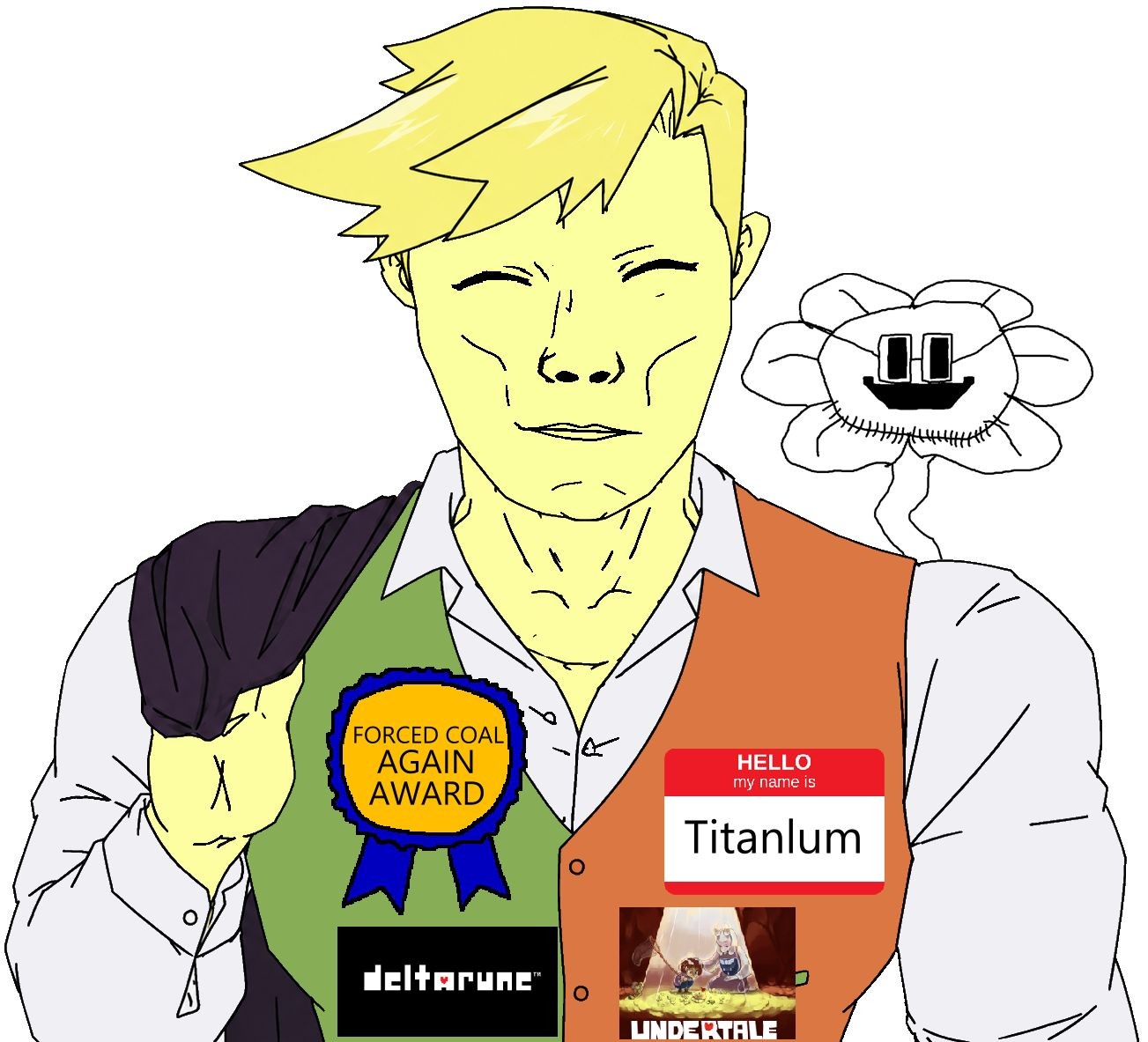 flowery, flowey, chudjak, floweyjak, chudjak front, muscular chud, 2soyjaks, award, black eyes, blonde hair