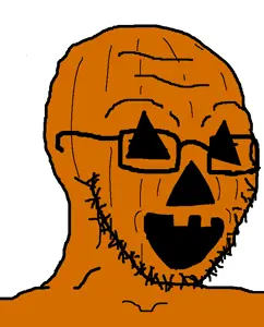 soyak, glasses, halloween, jack o lantern, open mouth, orange skin, pumpkin, soyjak, stubble