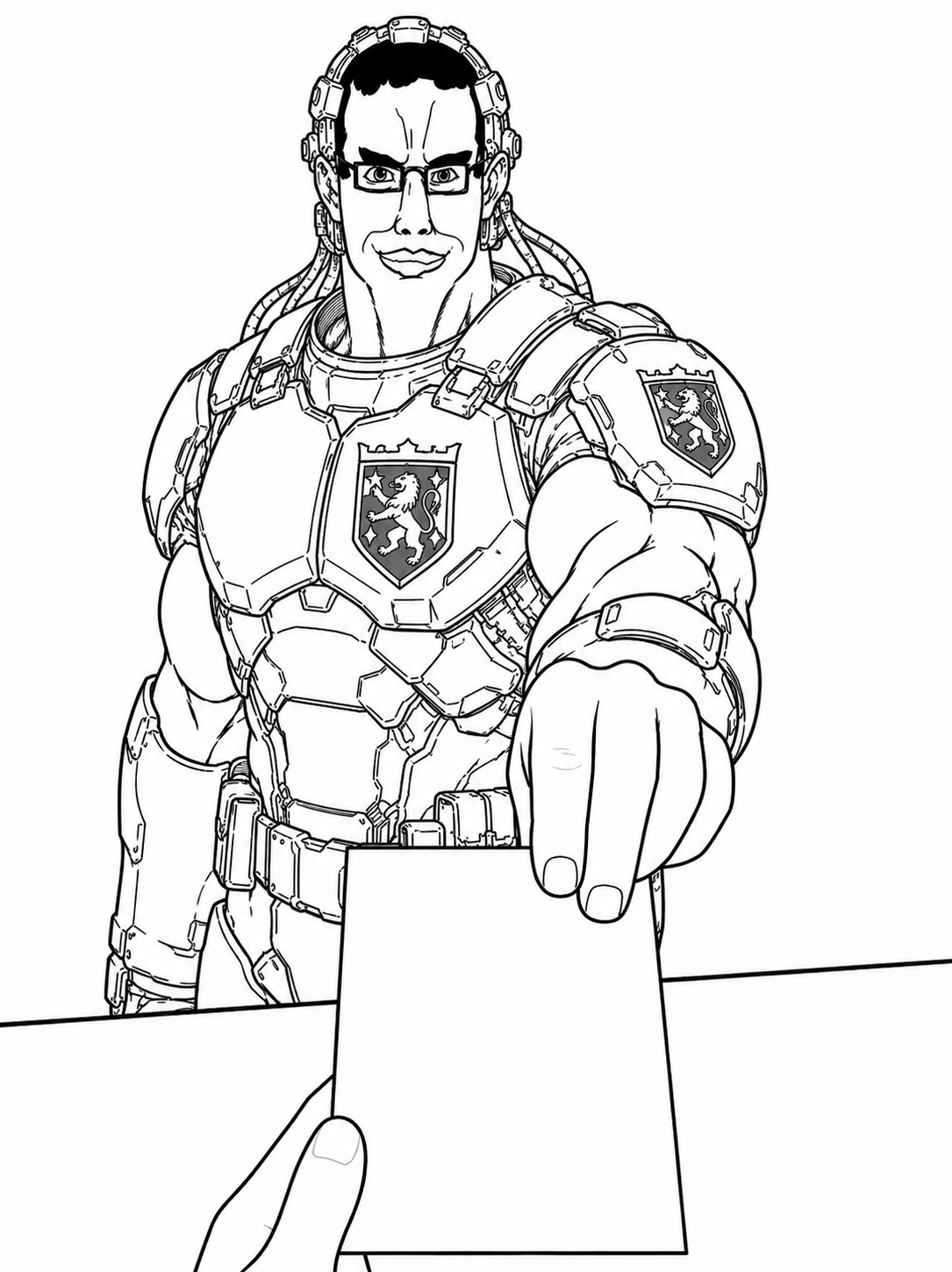 bartender, chudjak, chudjak front, 1soyjak, armor, armour, banner, black eyes, black hair, brain implant