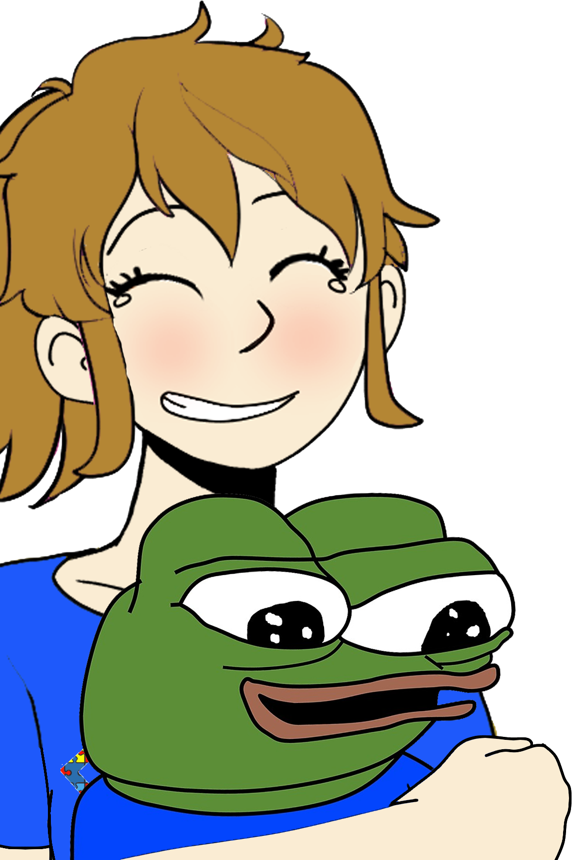 apu, ashbie moon, pepe, amphibian, animal, aspie, black eyes, blue shirt, blush, brown hair