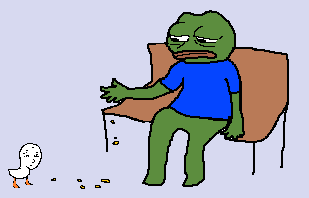 pepe, wojak, amphibian, animal, arm, bench, bird, black eyes, blue background, blue shirt