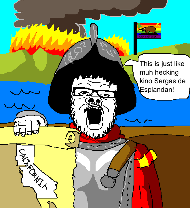 a24 slowburn soyjak, 1soyjak, armor, bald, black eyes, california, clothes, drawn background, explorer, fire