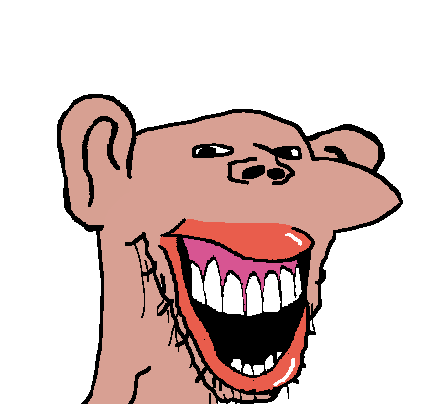 impish soyak ears, impish amerimutt, splicejak, amerimutt, 1soyjak, bald, big red lips, half body, laughing, looking at you
