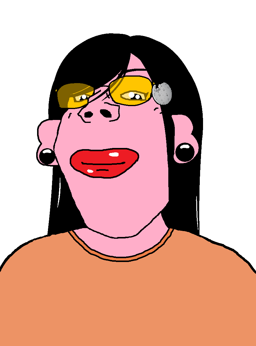 gapejak, female gapejak, femjak, 1soyjak, big lips, black hair, brown eyes, closed mouth, cobblestone, earring