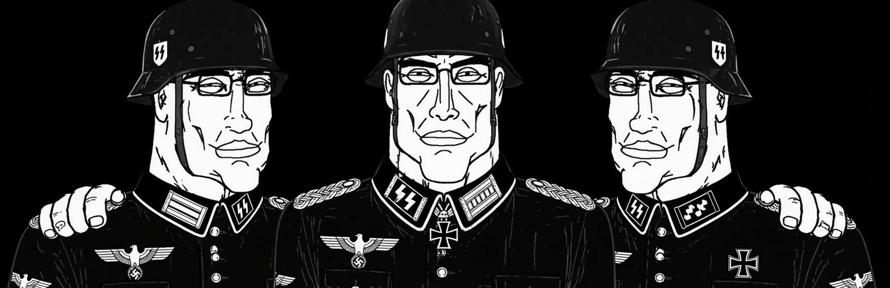 chudjak, perceptive chud, perceptive chud front, 3soyjaks, black background, black eyes, black hair, buff, closed mouth, clothes