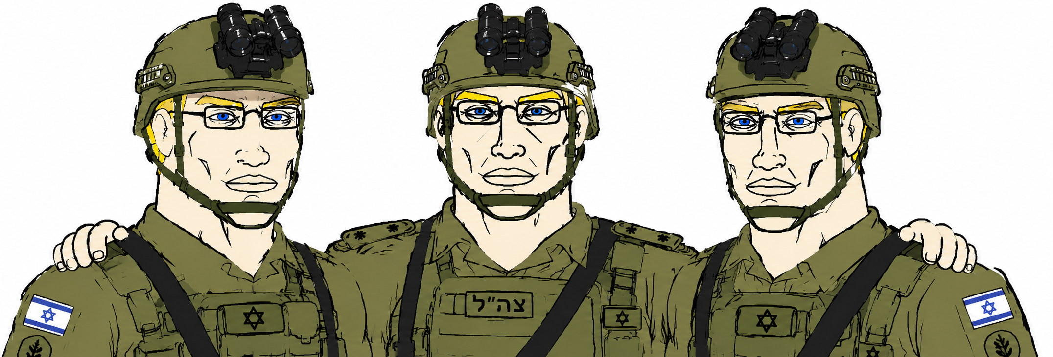 chudjak, perceptive chud, 3soyjaks, blonde hair, blue eyes, buff, closed mouth, clothes, front view, glasses