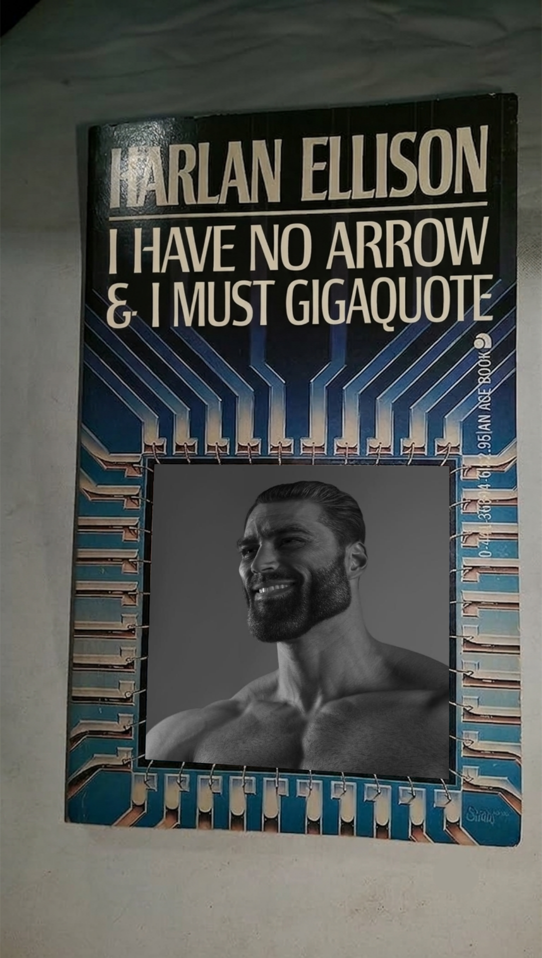 gigachad, >, arrow, beard, black eyes, black hair, book, buff, gigaquoting, gray background