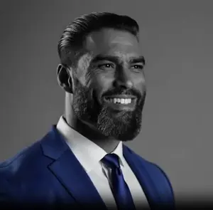 arthur pendleton, gigachad, blue suit, clothes, suit, suit and tie