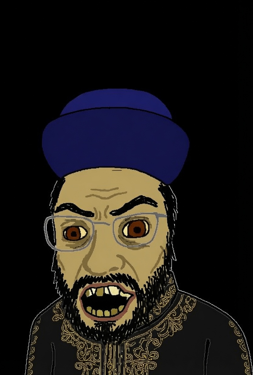 feraljak, tetojak, 1soyjak, beard, black background, black hair, brown background, brown eyes, brown skin, front view