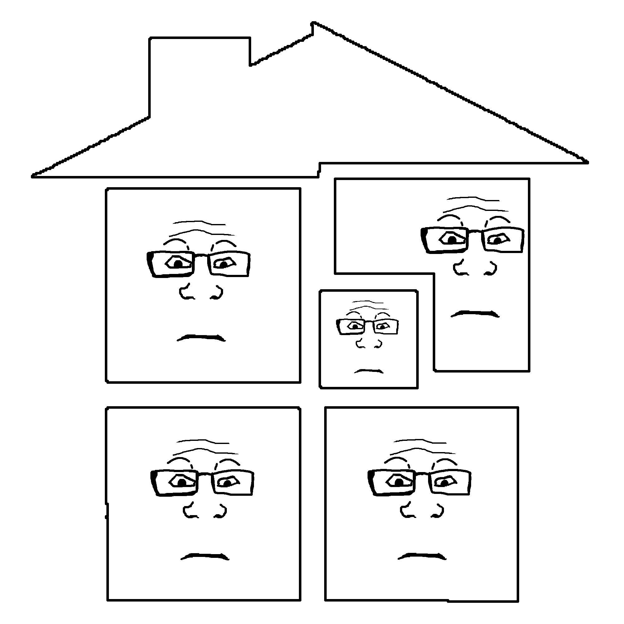 markiplier soyjak, neutralplier, 5soyjaks, closed mouth, front view, glasses, house, logo, looking at you, multiple soyjaks