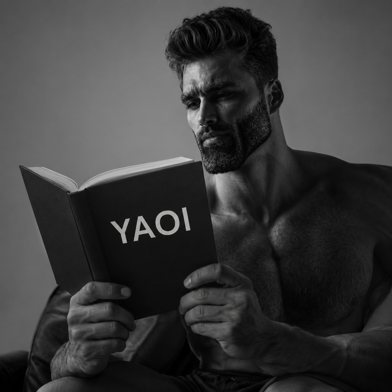 gigachad, 1nas, artificial intelligence, bait, beard, black and white, black hair, book, buff, gay